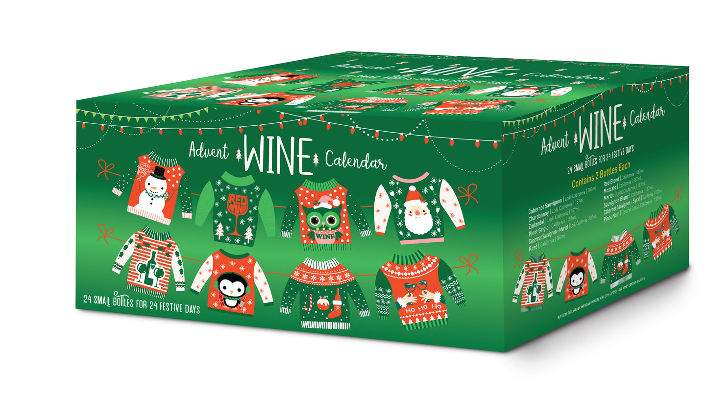 Wine advent calendar with 24 single serve bottles of 12 different types of California wines is the perfect way to countdown to Christmas to share or enjoy yourself or give as a gift to your boss, friends, family, or neighbors. Great Holiday gift idea 2025. Rose, Cabernet Sauvignon, Merlot, Pinot Grigio, Moscato, Sauvignon Blanc, Red Blend, Pinot Noir, Chardonnay, Zinfandel, Cab-Merlot, and Cab-Syrah