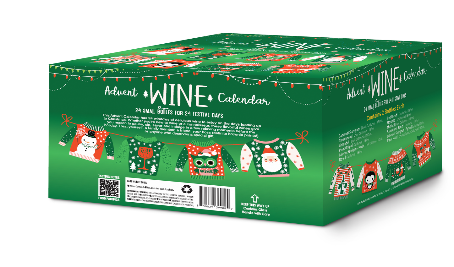 Wine advent calendar with 24 single serve bottles of 12 different types of California wines is the perfect way to countdown to Christmas to share or enjoy yourself or give as a gift to your boss, friends, family, or neighbors. Great Holiday gift idea 2025. Rose, Cabernet Sauvignon, Merlot, Pinot Grigio, Moscato, Sauvignon Blanc, Red Blend, Pinot Noir, Chardonnay, Zinfandel, Cab-Merlot, and Cab-Syrah