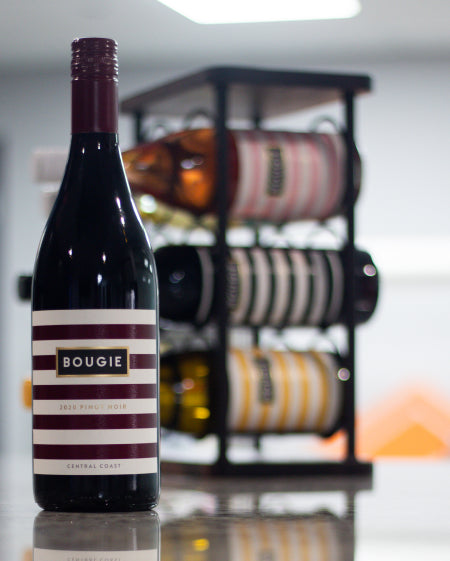Bougie Pinot Noir wine. Available in single bottles, 6 packs, or 12 pack cases. Order online for delivery. Orders over $95 get FREE Shipping