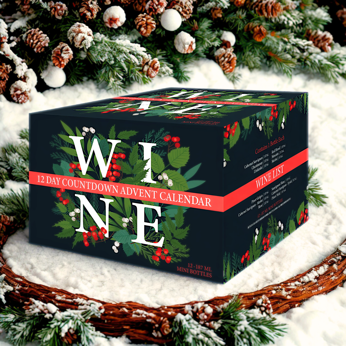 Wine Advent Calendar with festive design is the perfect way to countdown to Christmas with 12 varieties of wine to share or enjoy yourself or give as a gift to your boss, friends, family, or neighbors