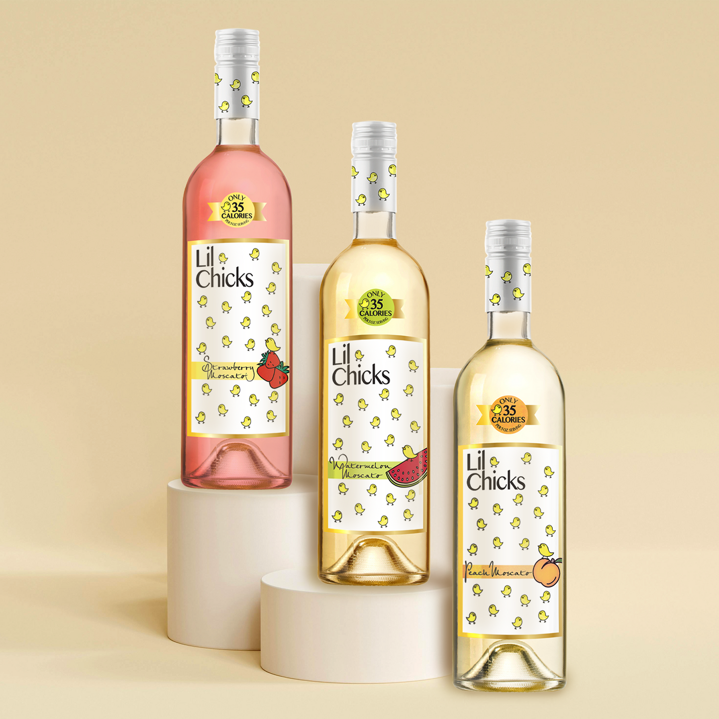 Lil Chicks Low Calorie Flavored Sweet Moscato. Variety pack includes Strawberry, Peach, and Watermelon. Online Wine delivery.
