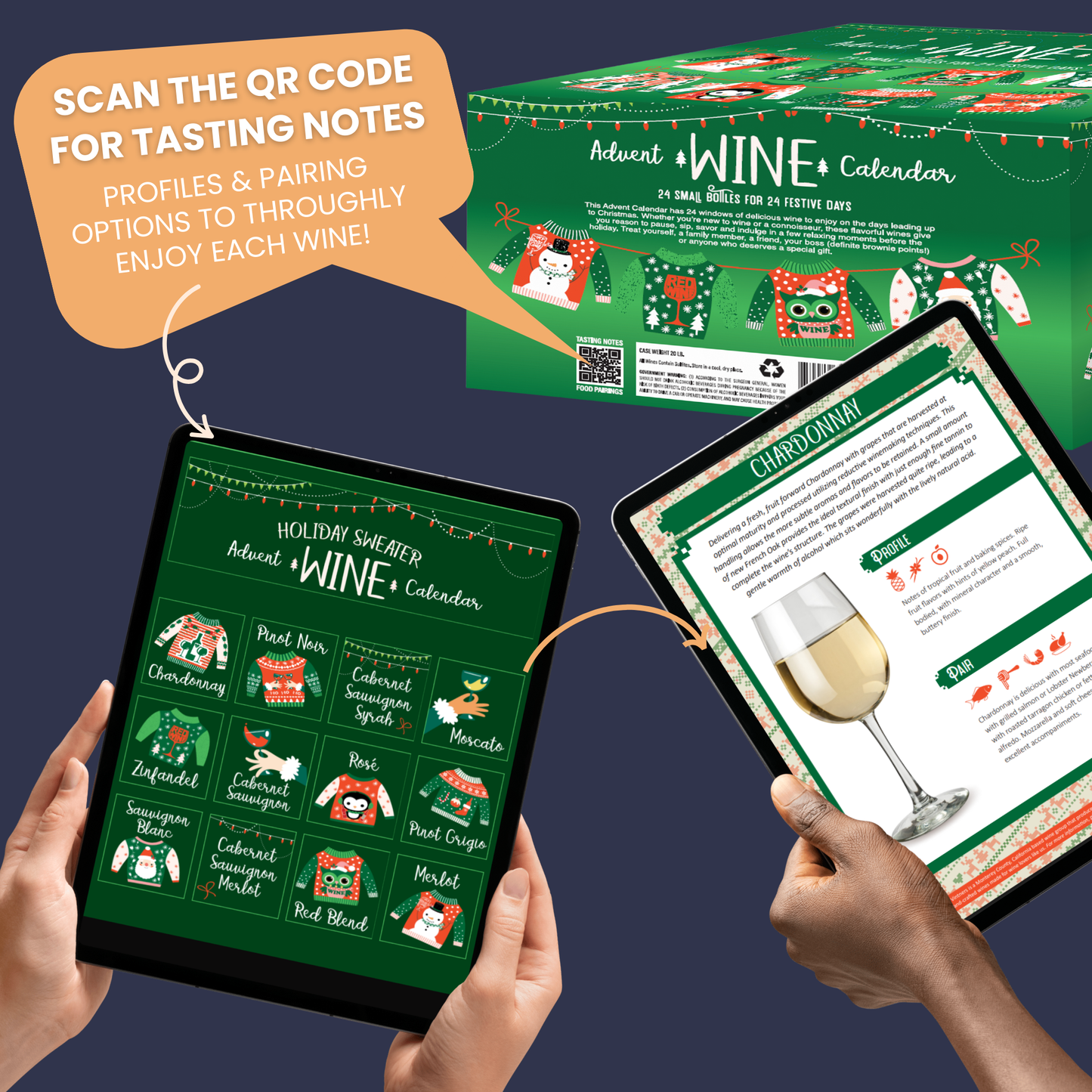 Wine advent calendars each come with a unique QR code that takes you to each wine profile and tasting notes with food pairing options so you can get the most enjoyment out of each bottle