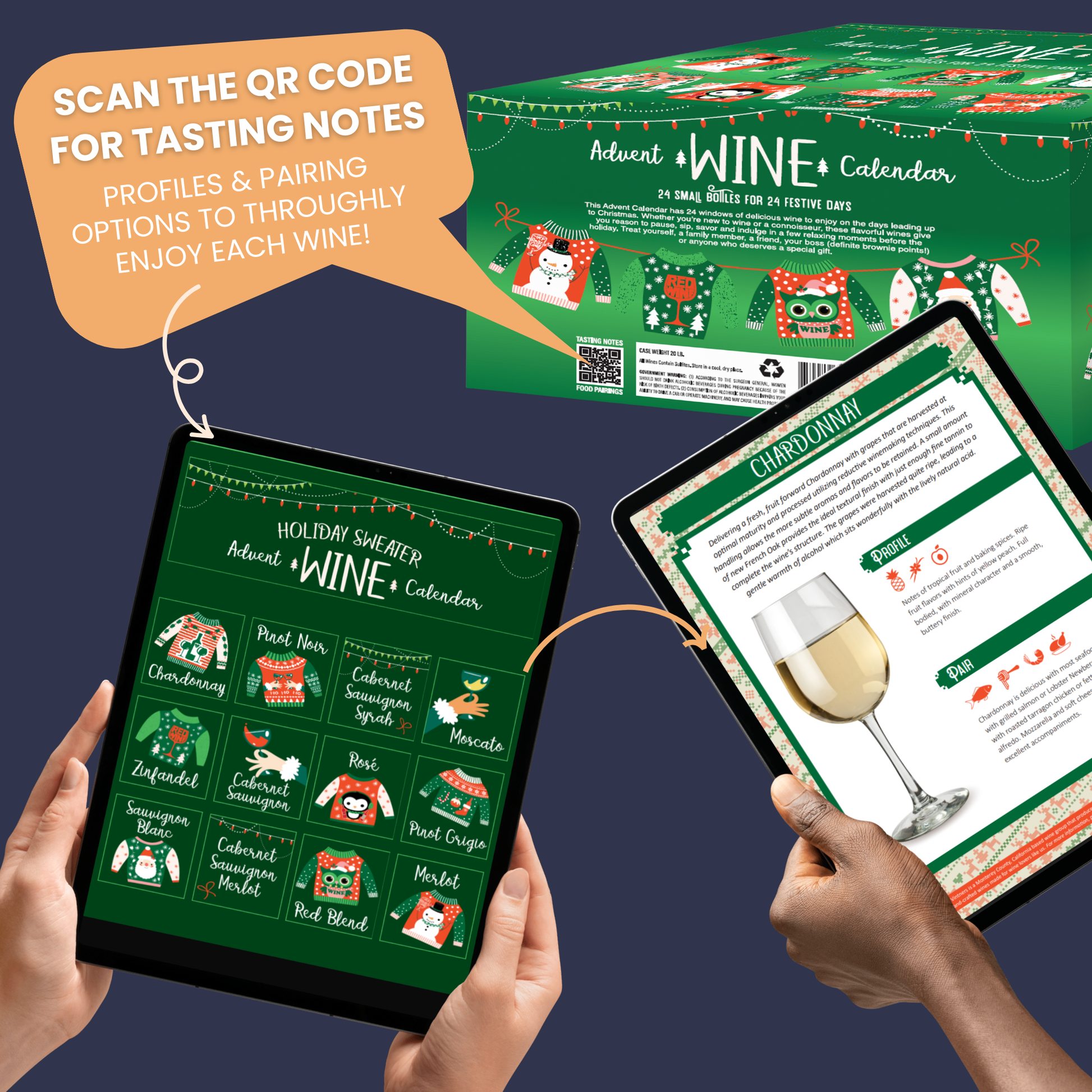 Wine advent calendars each come with a unique QR code that takes you to each wine profile and tasting notes with food pairing options so you can get the most enjoyment out of each bottle
