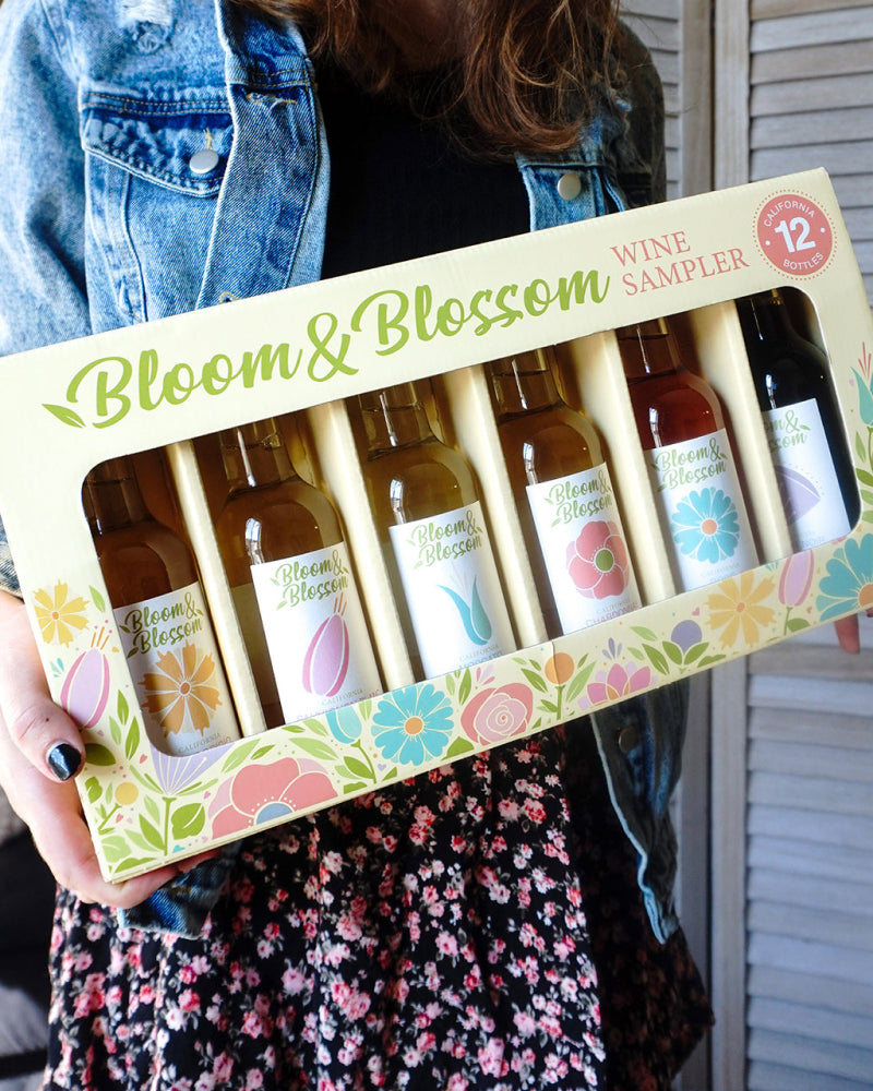 Bloom & Blossom wine sampler pack with 187mL single serve wine bottles. Moscato, Pinot Grigio, Chardonnay, Rose, Pinot Noir, Sauvignon Blanc