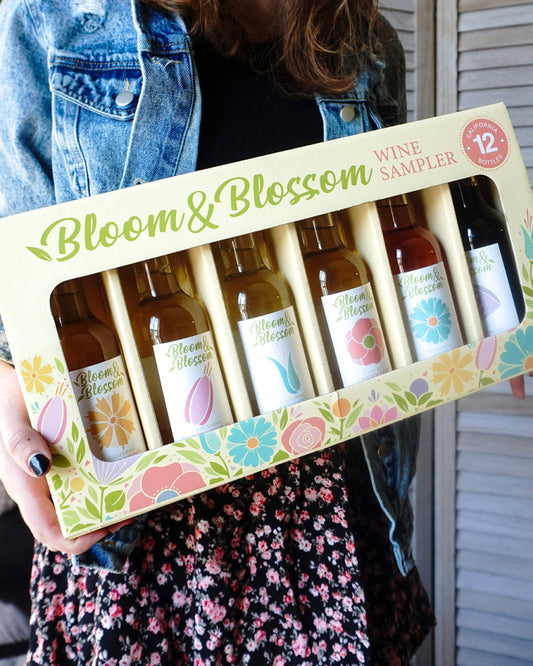 Bloom & Blossom wine sampler pack with 187mL single serve wine bottles.  Moscato, Pinot Grigio, Chardonnay, Rose, Pinot Noir, Sauvignon Blanc