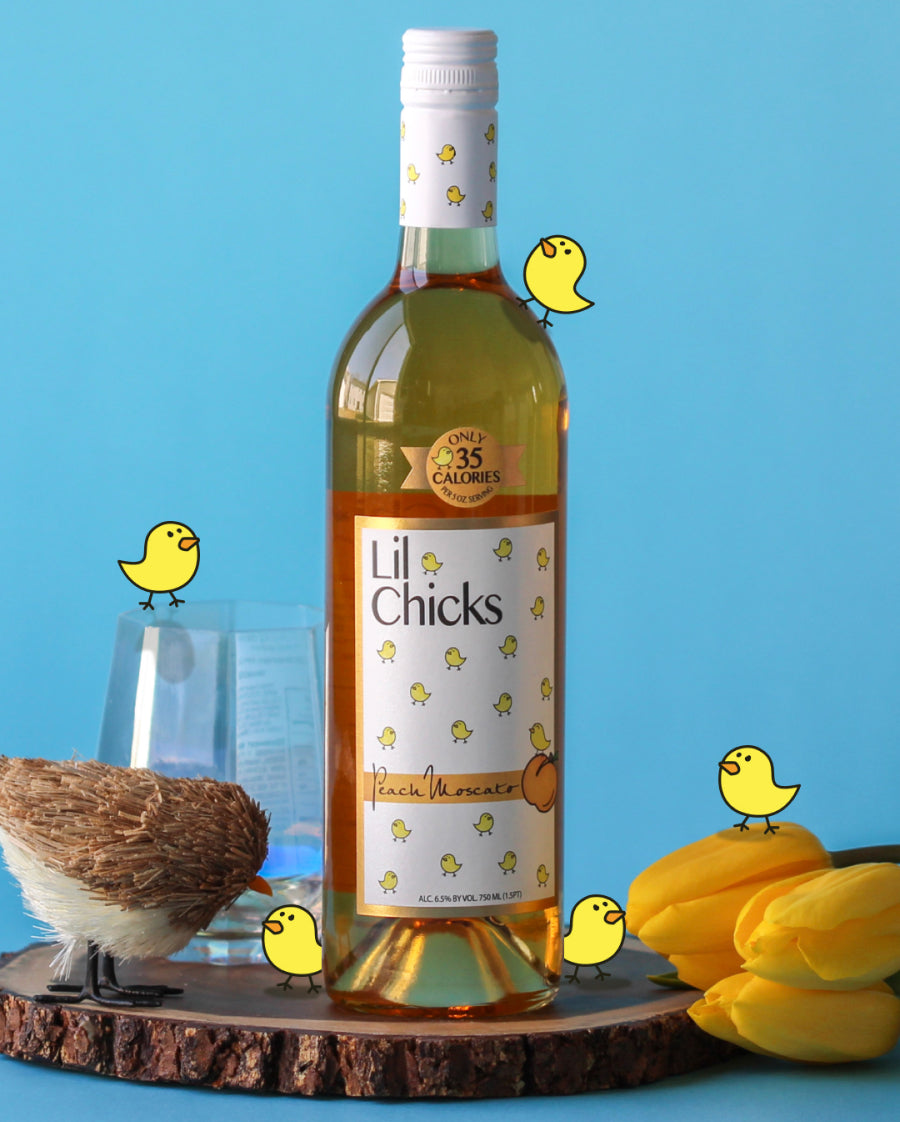 Lil Chicks Peach Moscato Low Calorie Wine. Available in single bottles, 6 packs, or 12 pack cases. Order online for delivery. Orders over $95 get FREE Shipping