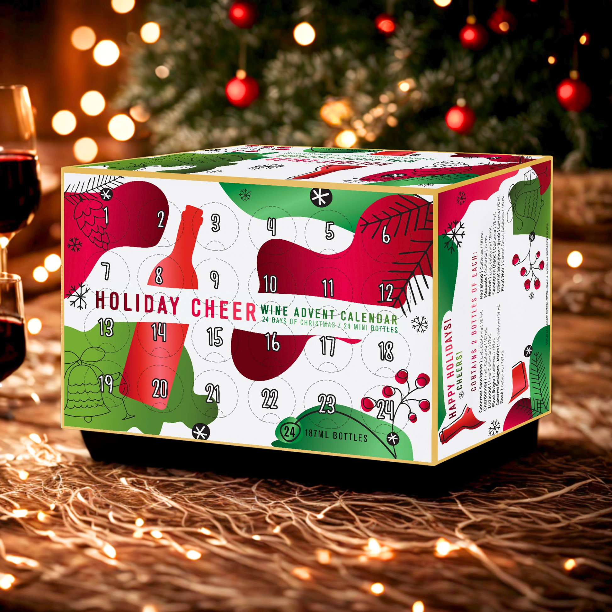 Wine advent calendar with festive design on a decorative background