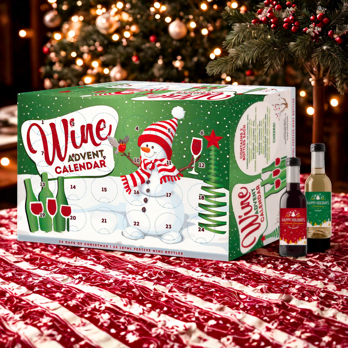 The perfect Holiday gift idea Wine advent calendar with 24 single serve bottles of 12 different types of California wines is the perfect way to countdown to Christmas to share or enjoy yourself or give as a gift to your boss, friends, family, or neighbors