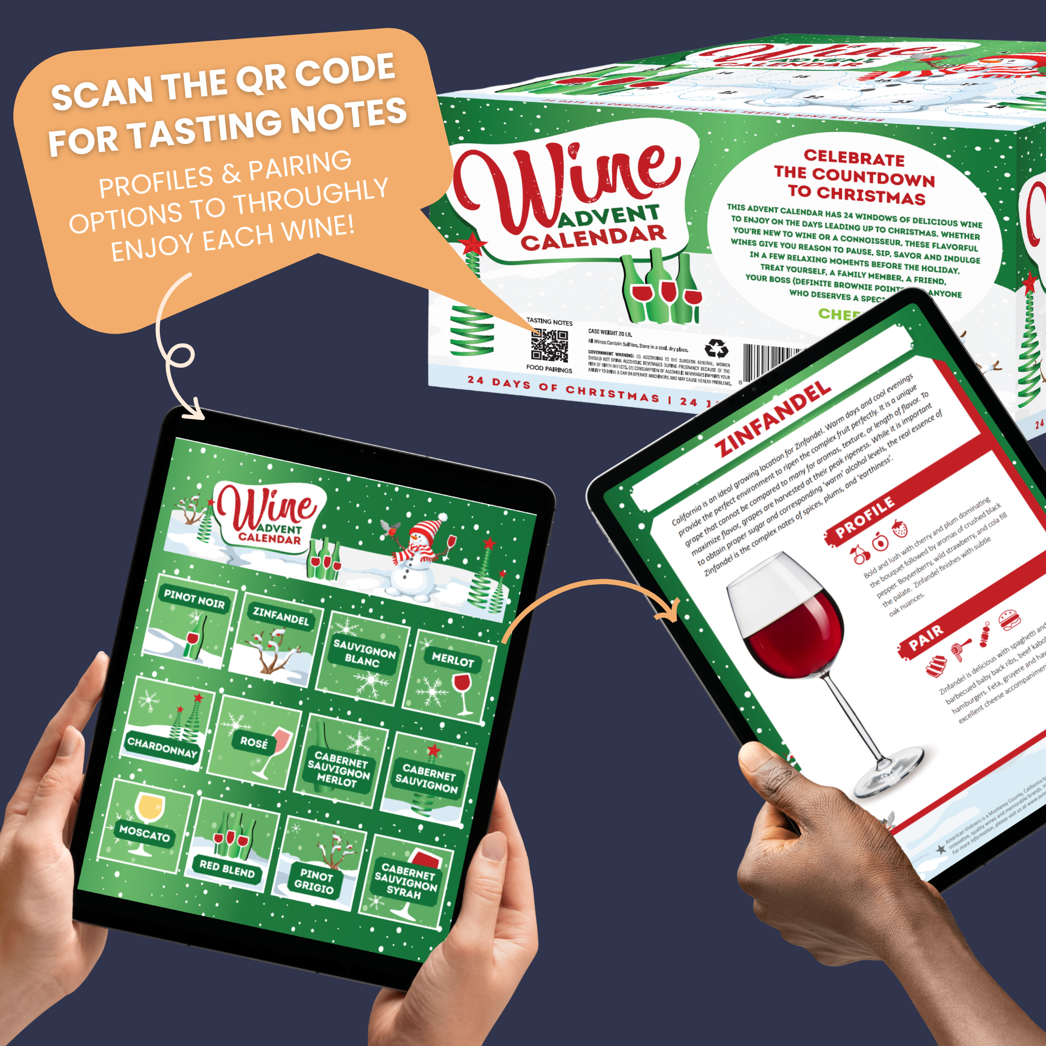 Wine advent calendars each come with a unique QR code that takes you to each wine profile and tasting notes with food pairing options so you can get the most enjoyment out of each bottle